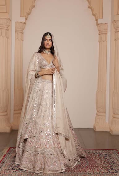 Sand & rose gold multi thread hand embroidered lehenga set