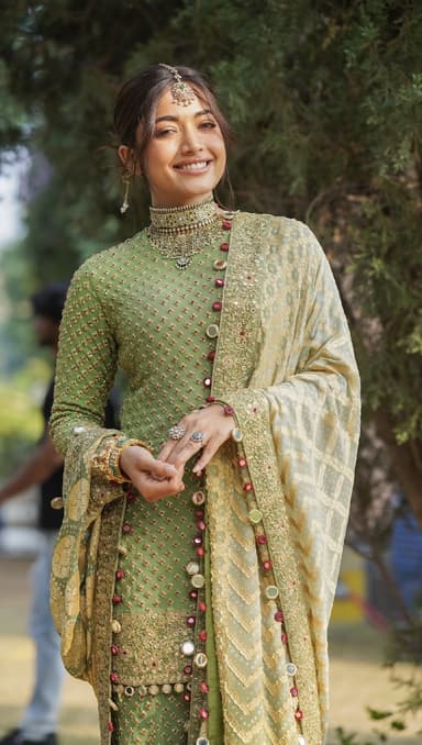 Warm olive hand embroidered short star kurta & sharara set