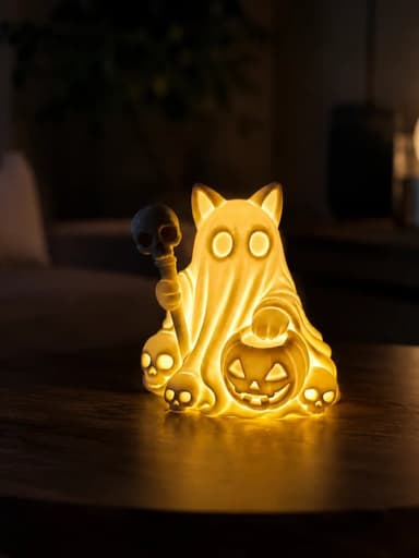 Bling On 3D Printed Halloween Ghost Cat Night Lamp – Nightpaw | Gothic LED Tea Light Holder & Spooky Home Decor | Bling On®