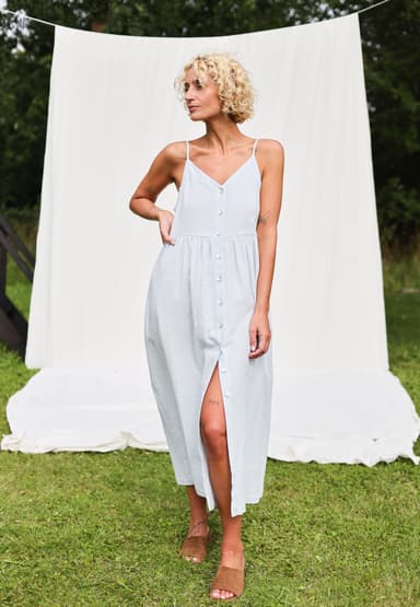 Adjustable Straps Double Gauze Cotton Dress in Country Air Blue Color | Dress | Sustainable clothing | OffOn clothing