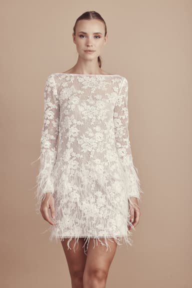 Bella — Long Sleeve low scoop back shift lace dress scattered with delicate feather deta by Mira Zwillinger | Zwillinger's
