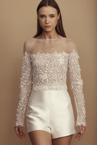 Noella Blouse — Light pink rich embellished top with an off the shoulders look and a long sleeve by Mira Zwillinger | Zwillinger's