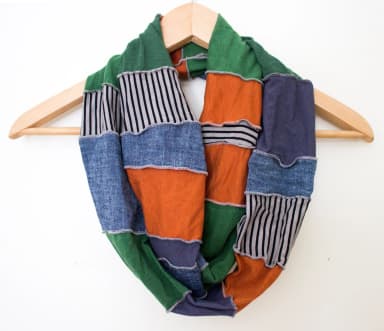 READY TO SHIP - Infinity Scarf - Organic Fabrics - Green, Blue Denim, Rust Orange, Stripes - Hemp, Upcycled, Colorful, Great Gift, Bright