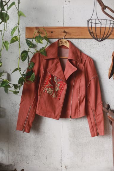 Handwoven Denim Antique Block Print Motorcycle Jacket