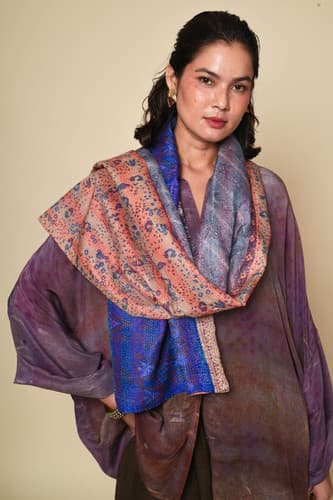 Kantha Sari Scarf | coral floral & cobalt